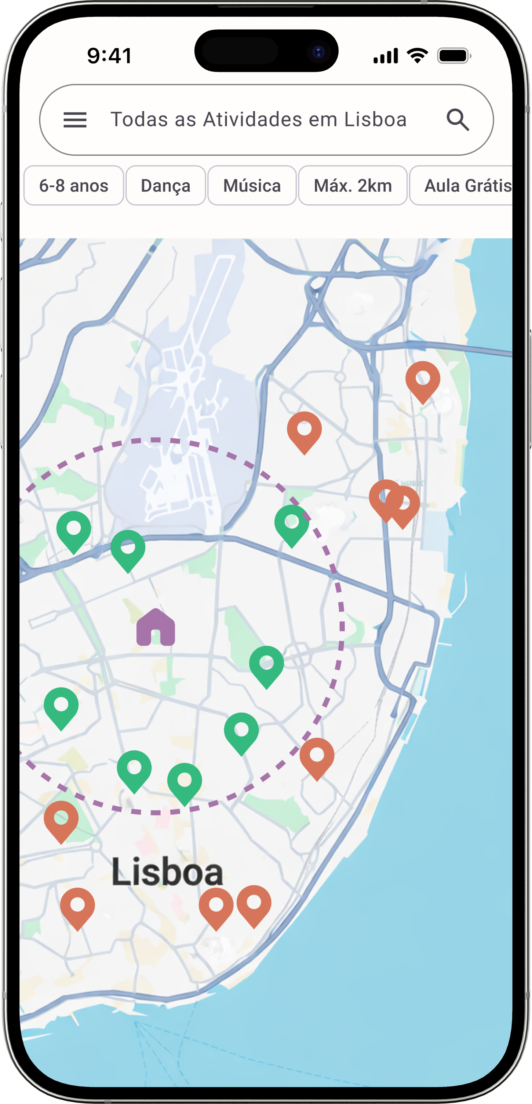 Mockup da app com mapa e filtros